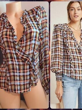 Anthropologie Maeve Multicolor Plaid Ruffle Wrap Top Size 4